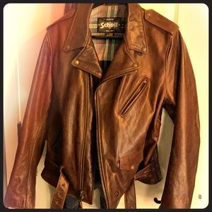 Schott NYC Leather Biker Jacket Brown L